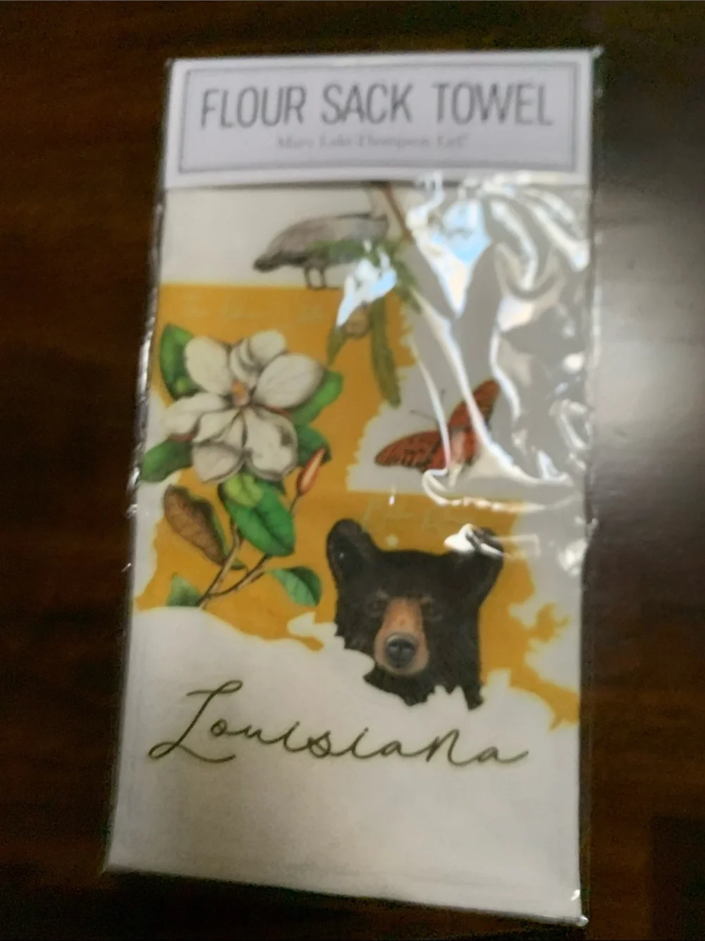 Flour Sack Towel - Louisiana Bear & Magnolia Design - Yellow & White